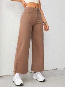 Solid Raw Hem Wide Leg Jeans - Brown - View 4