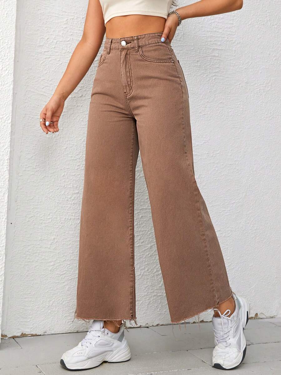 Solid Raw Hem Wide Leg Jeans - Brown - View 1