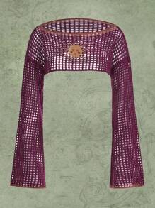 ROMWE Hippie 太陽刺繡鏤空鐘形袖短款毛衣 - 紫色 - 查看 1