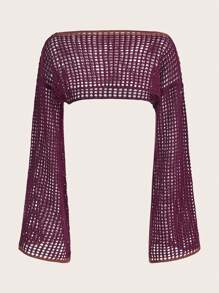 ROMWE Hippie 太陽刺繡鏤空鐘形袖短款毛衣 - 紫色 - 查看 2