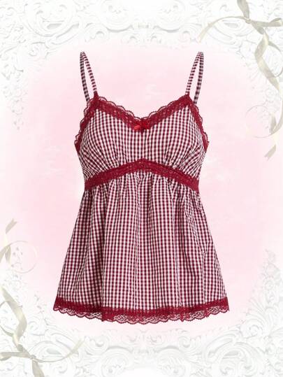 Kawaii Top camiseta tipo babydoll con contraste de encaje en estampado de guinga, escolar