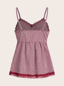 ROMWE Kawaii Gingham Contrast Lace Babydoll Cami Top, School - Red and White - View 2