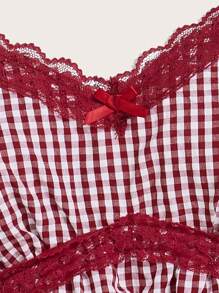 ROMWE Kawaii Gingham Contrast Lace Babydoll Cami Top, School - Red and White - View 4