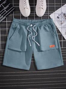 Manfinity RebelGame Men Letter Patched Drawstring Waist Shorts - Dusty Blue - View 1