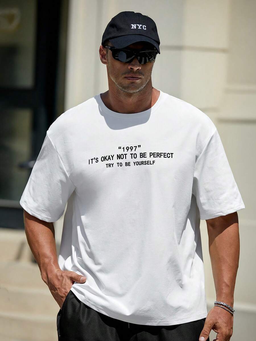 GENTILAND Hombres Camiseta con estampado de slogan - Blanco - Ver 1