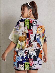 Flirla Plus Cartoon Graphic Drop Shoulder Tee - Multicolor - View 2