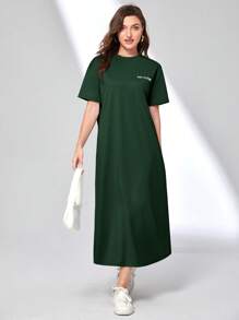 Mulvari Slogan Graphic Drop Shoulder Tee Dress - Dark Green - View 2
