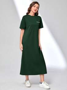 Mulvari Slogan Graphic Drop Shoulder Tee Dress - Dark Green - View 3