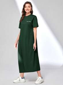 Mulvari Slogan Graphic Drop Shoulder Tee Dress - Dark Green - View 5