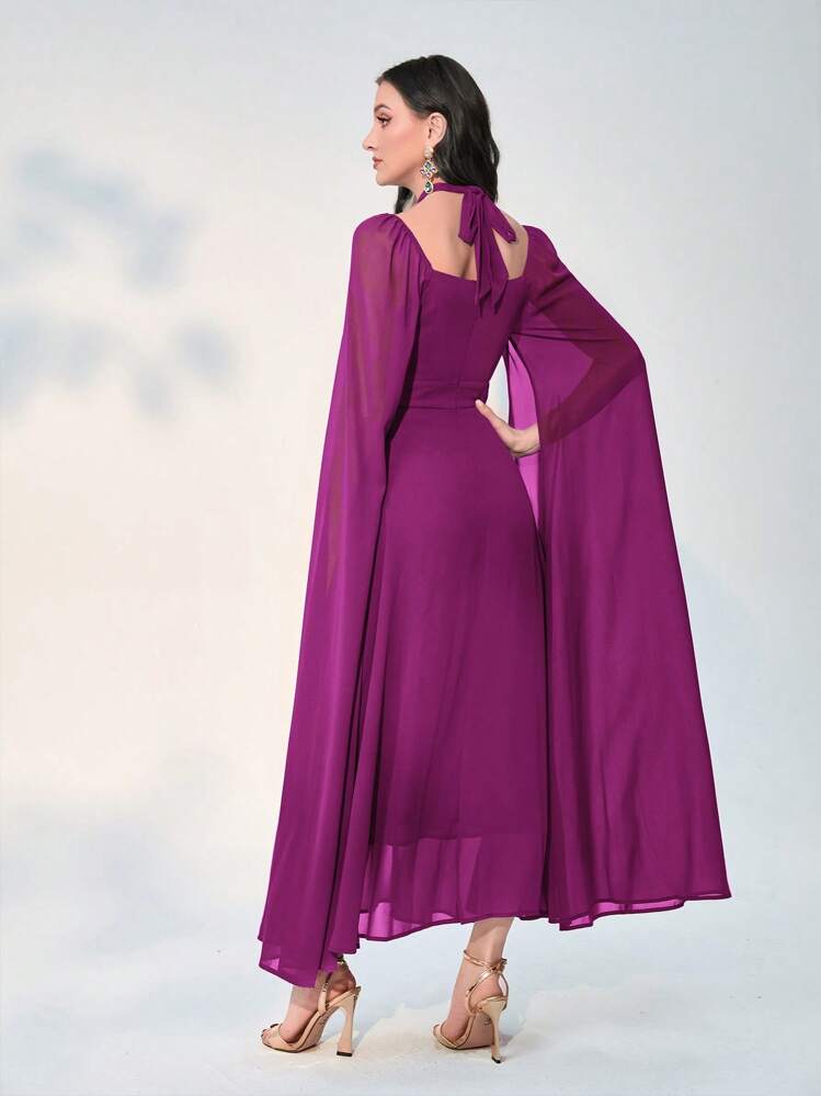 Modelyn Robe Manches Cape Ras-Du-Cou En Mousseline - Fushia - Voir 2