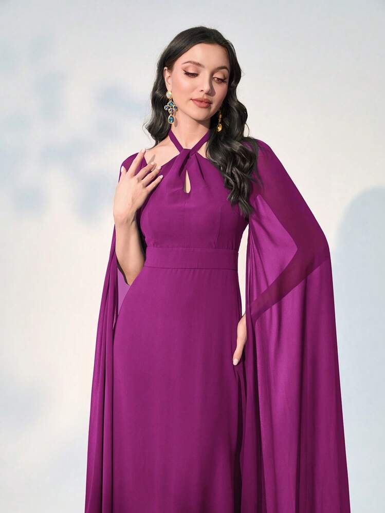 Modelyn Robe Manches Cape Ras-Du-Cou En Mousseline - Fushia - Voir 3