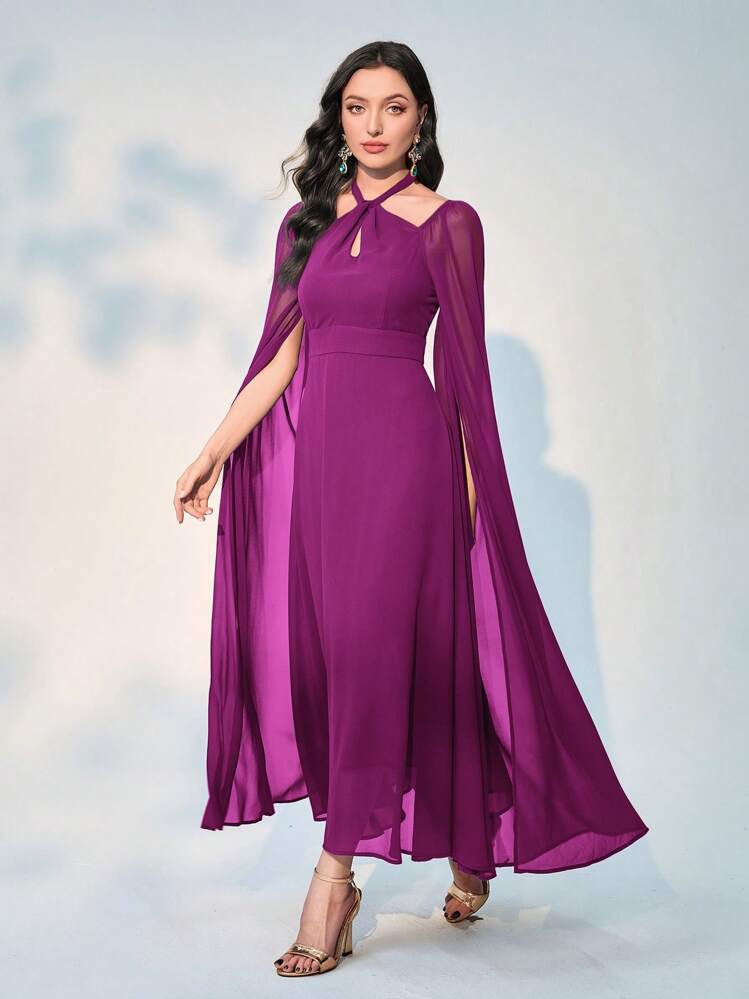 Modelyn Robe Manches Cape Ras-Du-Cou En Mousseline - Fushia - Voir 5