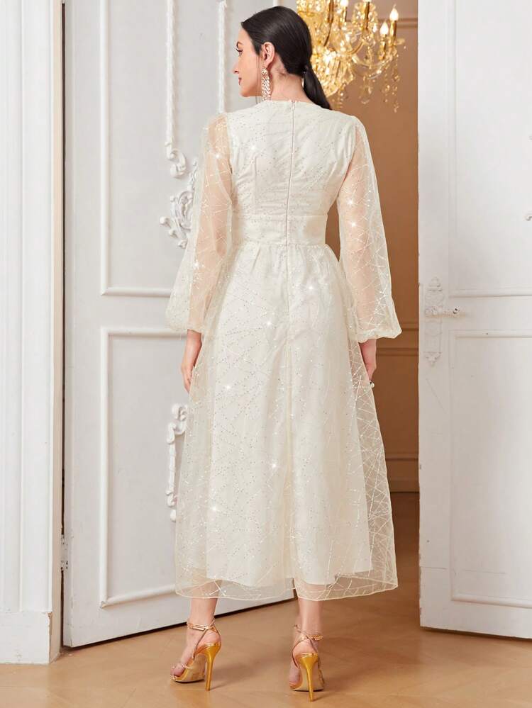 Lantern Sleeve Button Front Mesh Overlay Dress