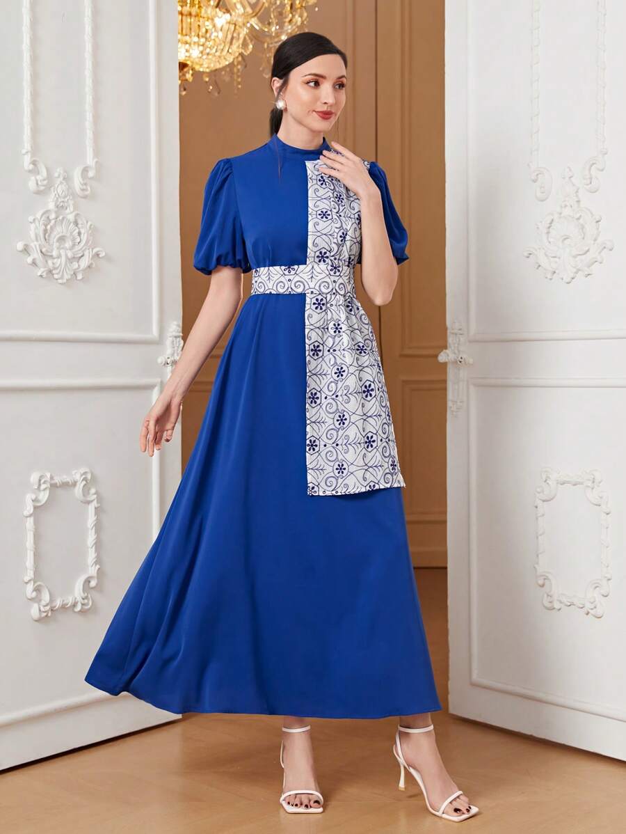 Mulvari Đầm Nút Hoa Thanh lịch - Xanh đậm - Xem 1