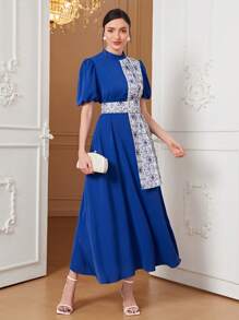 Mulvari Đầm Nút Hoa Thanh lịch - Xanh đậm - Xem 3