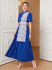 Mulvari Đầm Nút Hoa Thanh lịch - Xanh đậm - Xem 4