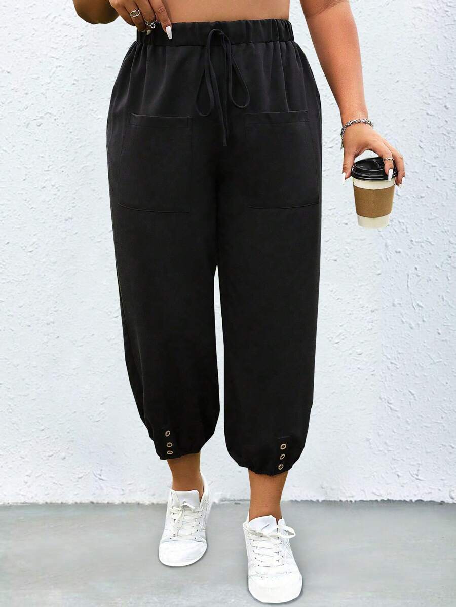 Calvaya Quần Plus Size Dây kéo Thắt nút Túi màu trơn Giải trí - màu đen - Xem 1