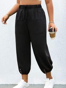 Calvaya Quần Plus Size Dây kéo Thắt nút Túi màu trơn Giải trí - màu đen - Xem 5