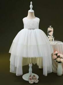 SHEIN Glamorique Kids Toddler Girls Rhinestone Detail Mesh Overlay Party Dress - White - View 1