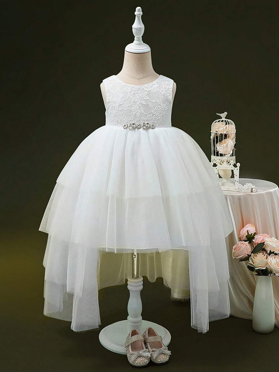 SHEIN Glamorique Kids Toddler Girls Rhinestone Detail Mesh Overlay Party Dress - White - View 1