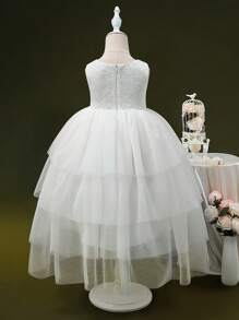 SHEIN Glamorique Kids Toddler Girls Rhinestone Detail Mesh Overlay Party Dress - White - View 2