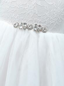 SHEIN Glamorique Kids Toddler Girls Rhinestone Detail Mesh Overlay Party Dress - White - View 4