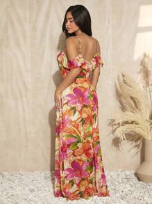 SHEIN SXY Vestido bajo cruzado con estampado floral de hombros descubiertos ribete con fruncido - Multicolor - Ver 2