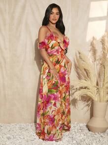 SHEIN SXY Vestido bajo cruzado con estampado floral de hombros descubiertos ribete con fruncido - Multicolor - Ver 3