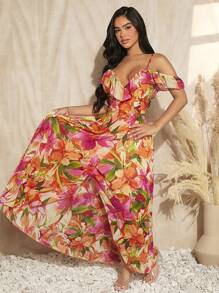 SHEIN SXY Vestido bajo cruzado con estampado floral de hombros descubiertos ribete con fruncido - Multicolor - Ver 6