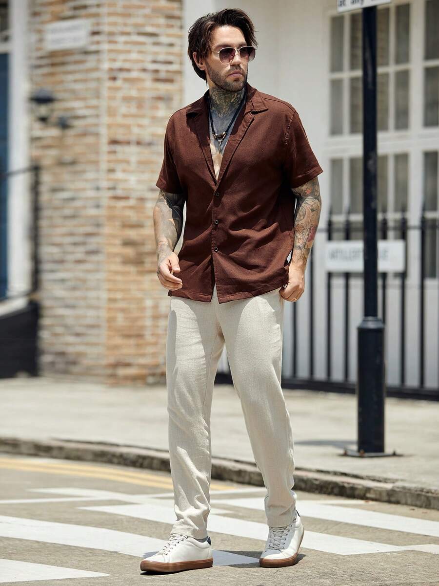 GENTILAND Loose Fit Men Solid Color Short Sleeve Casual Shirt And Pants Set - Multicolor - View 1