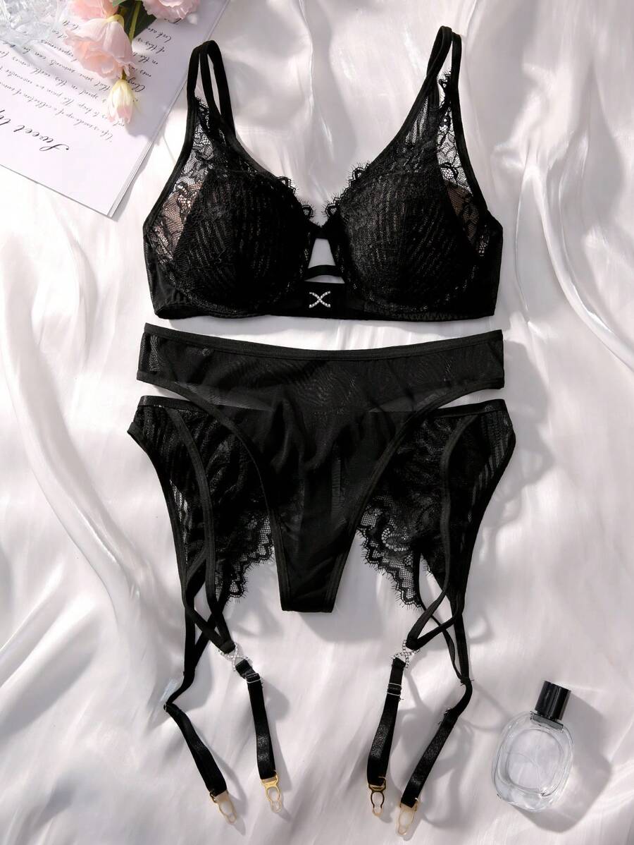 Set de lencería con encaje floral con aro con liga - Negro - Ver 1