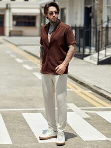 GENTILAND Loose Fit Men Solid Color Short Sleeve Casual Shirt And Pants Set - Multicolor - View 5