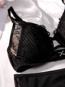 Set de lencería con encaje floral con aro con liga - Negro - Ver 4