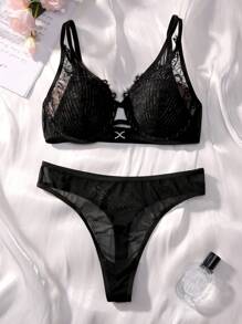 Set de lencería con encaje floral con aro con liga - Negro - Ver 5
