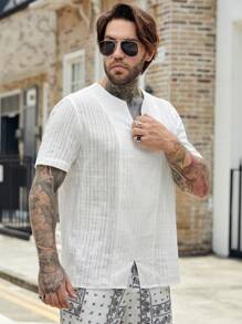 Manfinity RSRT 男士缺口領下擺開叉襯衫 - 白色 - 查看 4