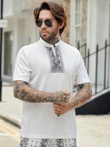 Manfinity VCAY 男士幾何印花POLO衫 - 白色 - 查看 7