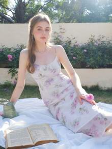 Vestido de tirantes con estampado floral ribete con fruncido - Morado - Ver 4