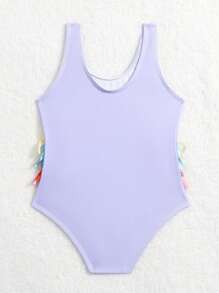 Bebé niña Bañador una pieza con estampado de loro ribete con fruncido - Morado - Ver 2
