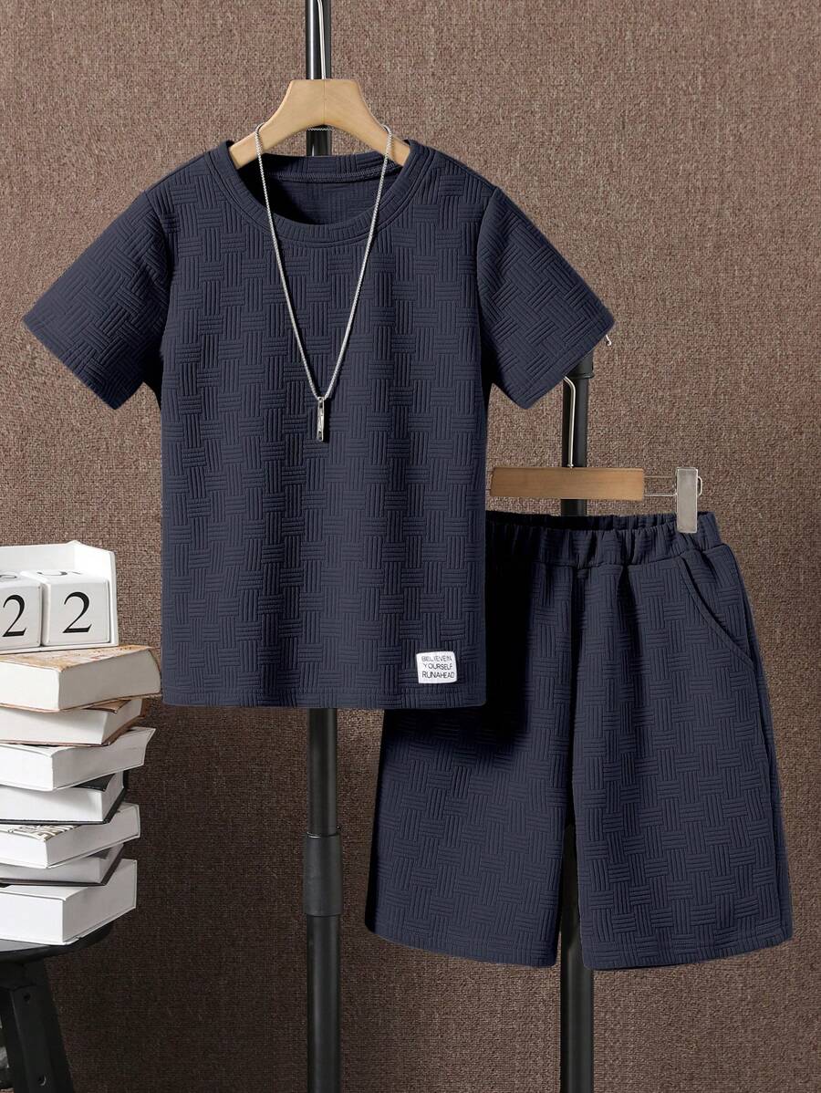 SHEIN 男大童字母補丁細節T恤和短褲 - 藏蓝色 - 查看 1