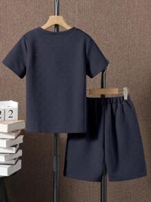 SHEIN 男大童字母補丁細節T恤和短褲 - 藏蓝色 - 查看 2