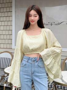 DAZY 纯色喇叭袖短款衬衫，荷叶边，秋季女装长袖上衣 - 米色 - 查看 1