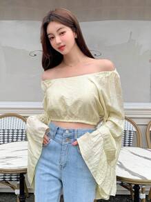 DAZY 纯色喇叭袖短款衬衫，荷叶边，秋季女装长袖上衣 - 米色 - 查看 3