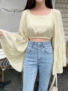 DAZY 纯色喇叭袖短款衬衫，荷叶边，秋季女装长袖上衣 - 米色 - 查看 6