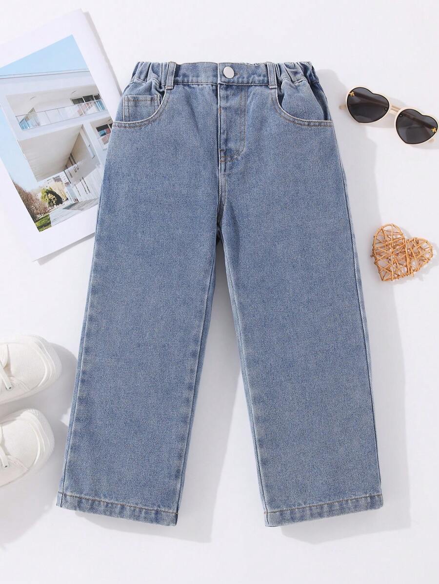 Genkimix Kids Young Boys' Loose Fit Straight Leg Jeans With Elastic Waistband, Medium Blue, School, Campus, College Chic Outfits For Autumn/Winter - Medium Wash - View 1