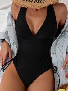 SHEIN Swim Drawstring Side Crisscross Backless Plunge Neck One Piece Swimsuit - Black - View 1