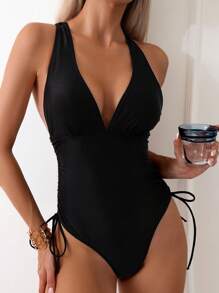 SHEIN Swim Drawstring Side Crisscross Backless Plunge Neck One Piece Swimsuit - Black - View 8