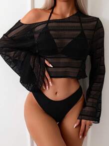 SHEIN Swim Bộ Bikini Nữ Buộc lại màu trơn - màu đen - Xem 1
