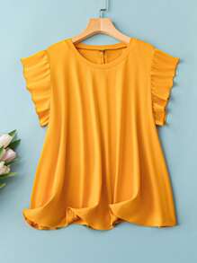 SHEIN LUNE Plus Solid Ruffle Trim Tee - Yellow - View 1