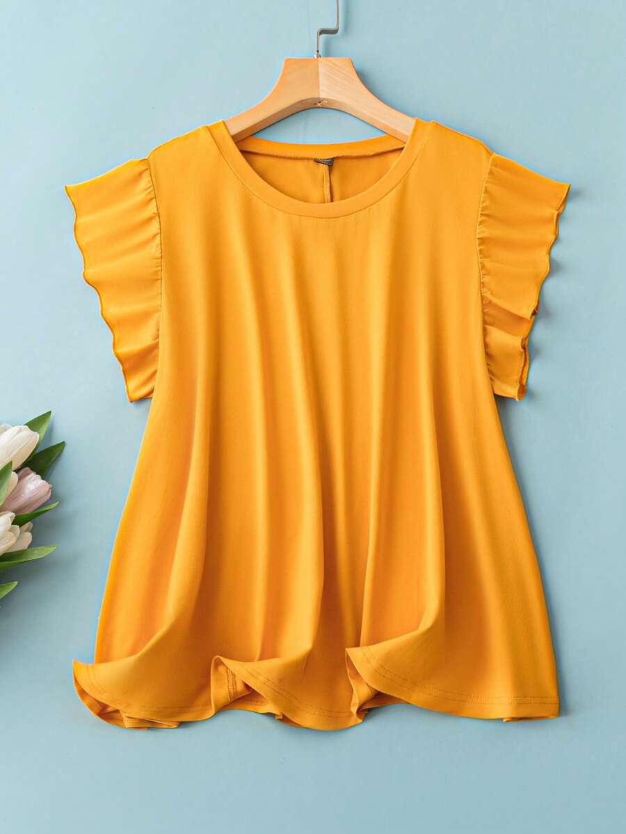 SHEIN LUNE Plus Solid Ruffle Trim Tee - Yellow - View 1