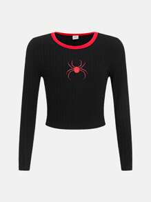 SHEIN Leap Crew Tween 女童休闲圆领撞色蜘蛛刺绣针织长袖上衣 - 黑色 - 查看 1